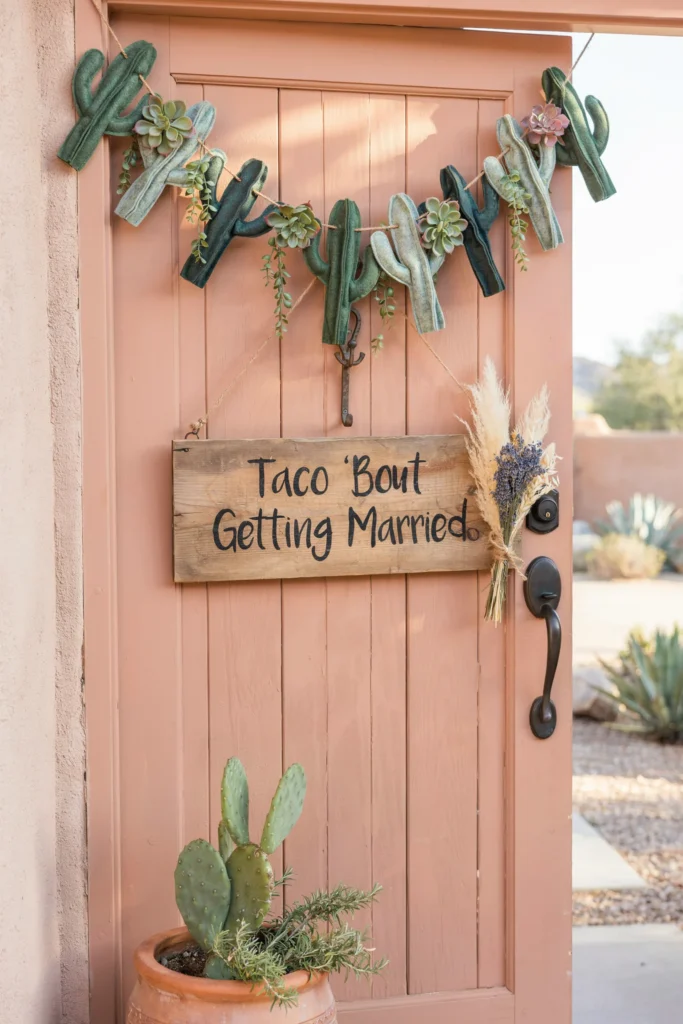 A wooden welcome sign reading "Taco 'Bout Getting Married" surrounded by a handmade felt cactus and faux succulent garland draped across a front door or venue entrance, with a small bundle of dried flowers tied at the corner.