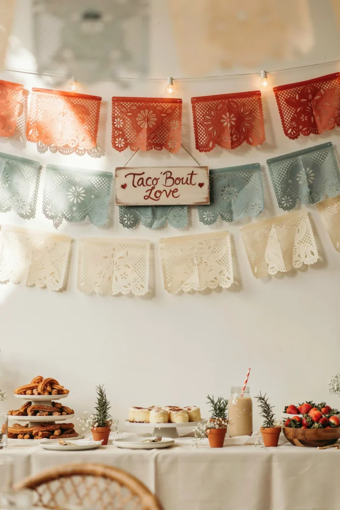  A layered backdrop of colorful papel picado banners in terracotta, sage, and cream draped behind a dessert table, with a custom "Taco 'Bout Love" sign in the center.