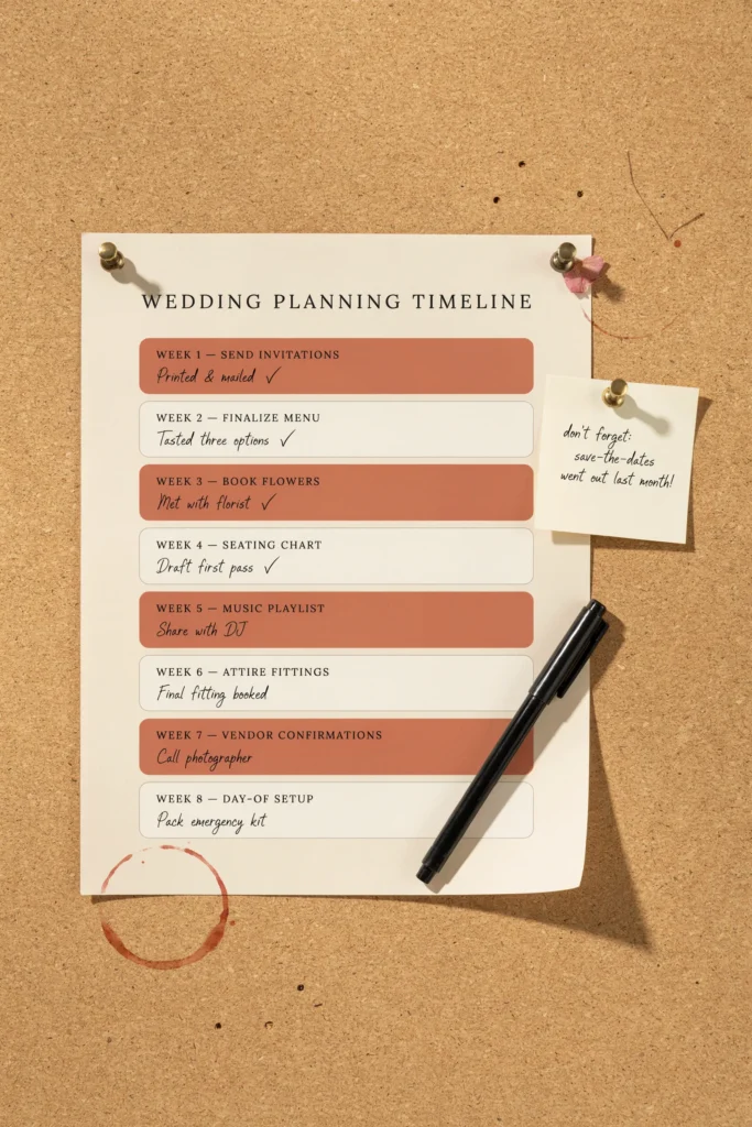 A printed planning timeline pinned to a corkboard, styled in terracotta and cream, showing eight weekly milestone cards each labeled with a key task — from invitations to day-of setup — with checkboxes and pen marks indicating completed steps.
