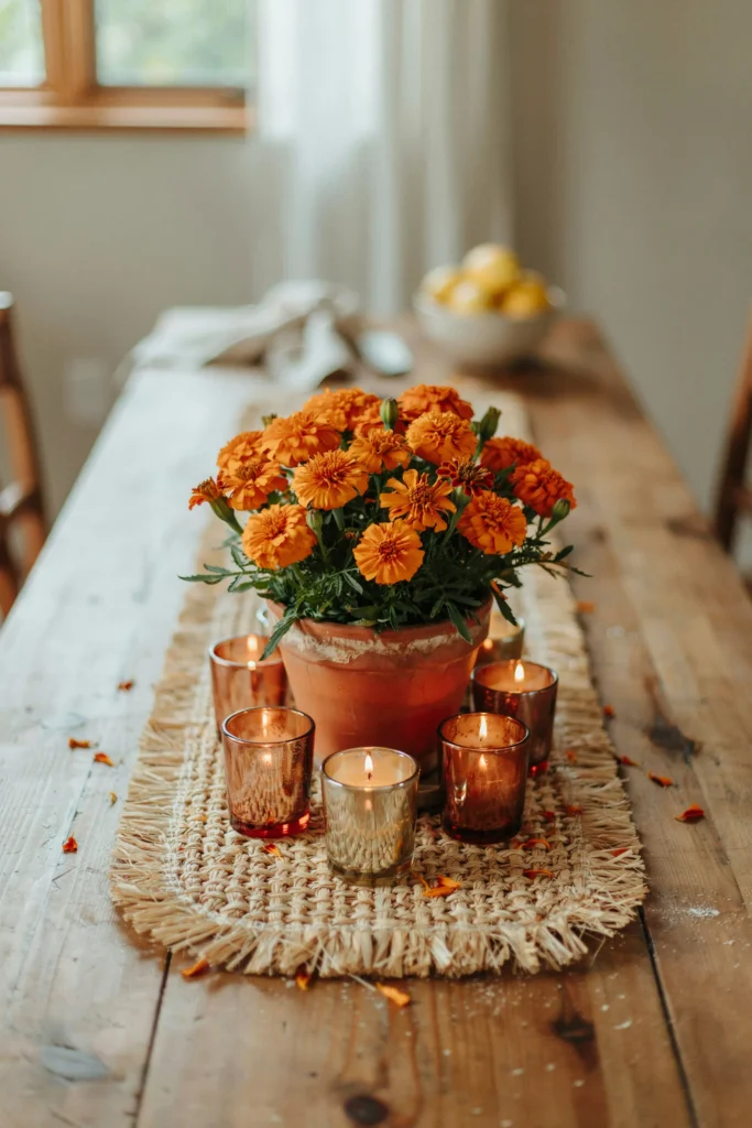 A dense, low centerpiece of bright orange marigolds massed in a terracotta pot, surrounded by votive candles in amber glass, sitting on a hand-woven rattan placemat on a long wooden farm table.