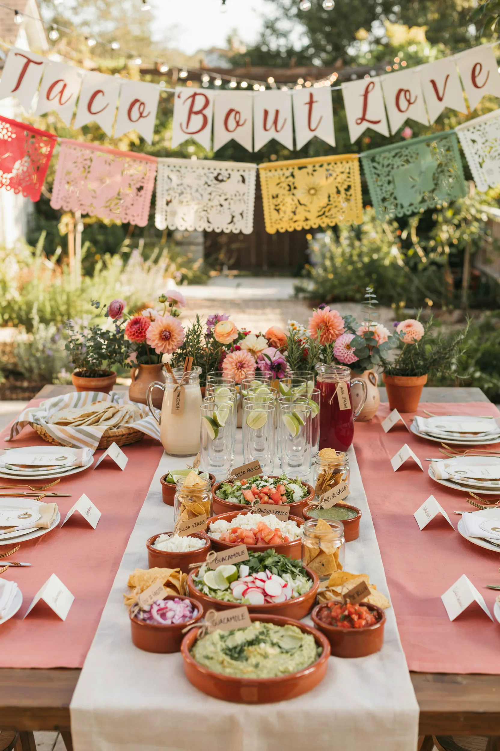 beautifully styled taco bar bridal shower table with a "Taco 'Bout Love" banner, colorful papel picado, terracotta florals, and a spread of taco toppings in decorative bowls