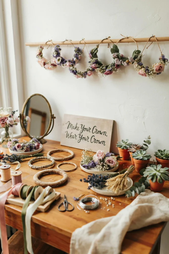 A craft table setup with pre-made floral crown bases in varying sizes, small trays of dried flowers, faux succulents, and ribbon in coordinating colors, along with a mirror and a "Make Your Crown, Wear Your Crown" sign — several completed crowns hanging on a wooden dowel behind the table.