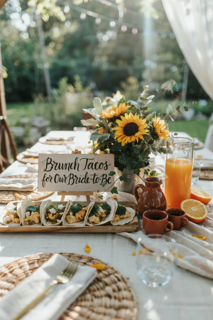  A brunch bridal shower table in the morning light — breakfast tacos in a wooden serving tray beside a pitcher of fresh-squeezed orange juice and a carafe of café de olla, with small terracotta cups, a low centerpiece of sunflowers and greenery, and a hand-lettered sign reading "Brunch Tacos for Our Bride-to-Be."