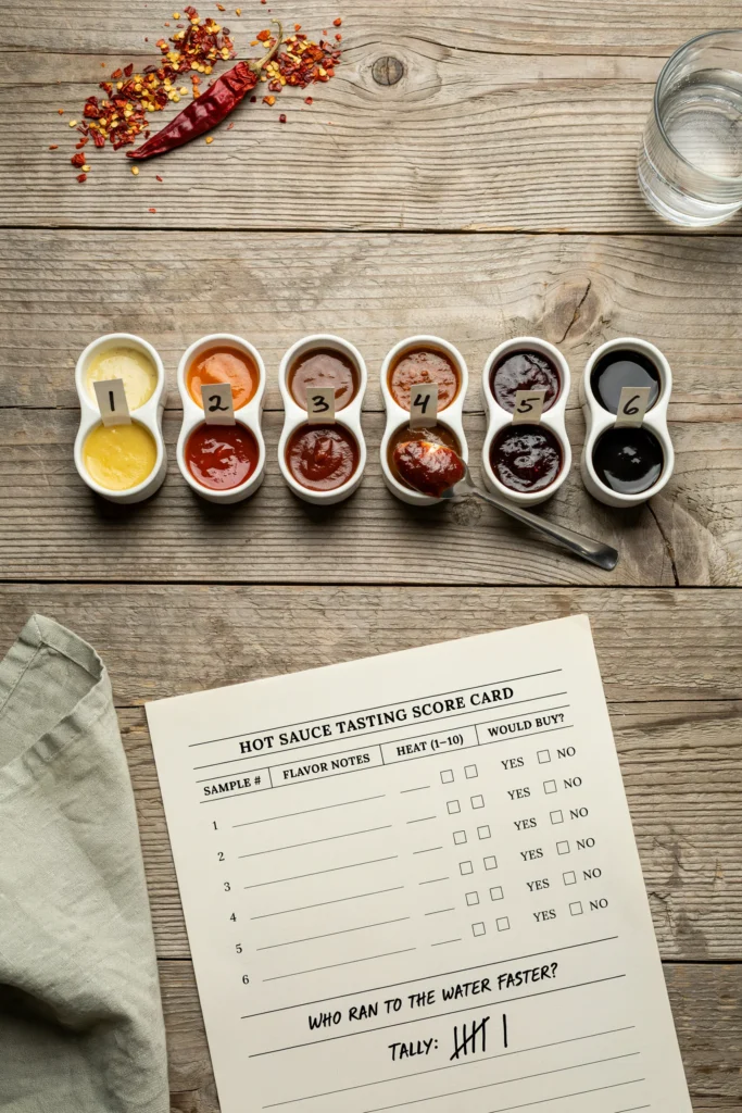 A lined-up row of six unlabeled hot sauce samples in small white ceramic ramekins, each numbered, set alongside a printed score card with flavor notes fields and a "Who Ran to the Water Faster?" tally section at the bottom.