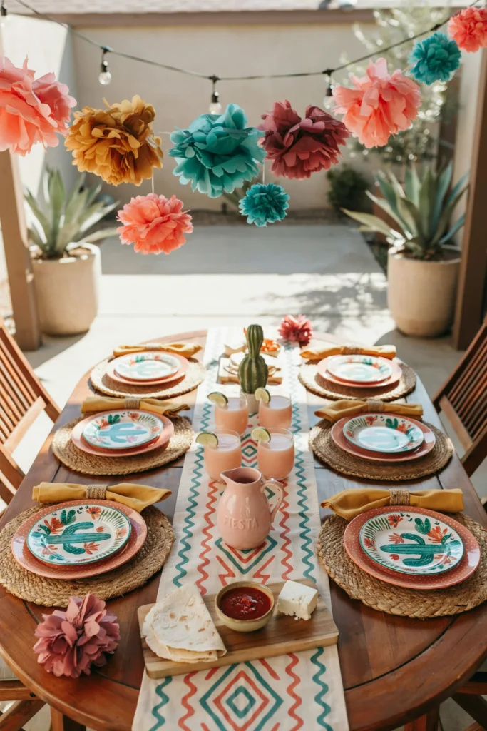  A full table setup using a coordinated fiesta party supply set — plates with colorful cactus and floral prints, matching napkins, a patterned table runner, and tissue paper pom-poms in coordinating colors hanging above, all cohesive and intentional without being matchy-matchy.