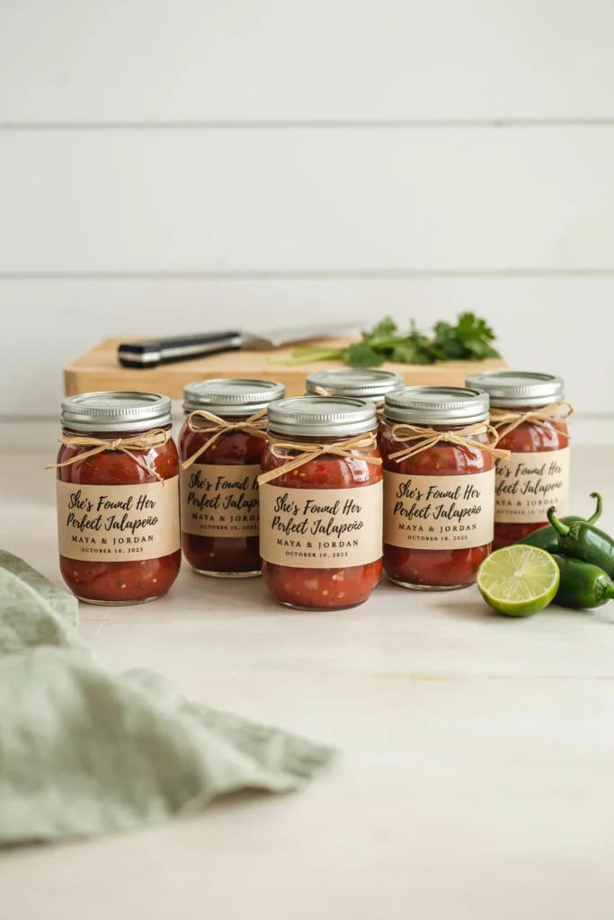 A row of small mason jars filled with bright red salsa, each with a kraft paper label reading "She's Found Her Perfect Jalapeño" and the bride and groom's names and wedding date stamped beneath in a smaller font, tied with a raffia bow.