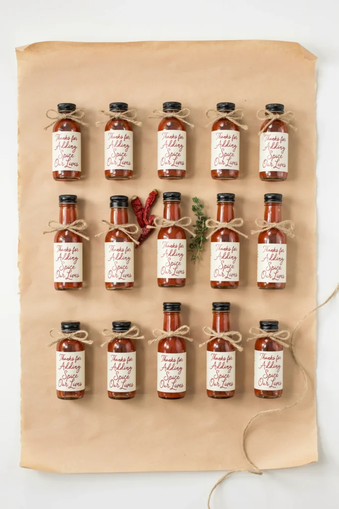  A flat lay of twelve mini hot sauce bottles lined up in rows, each with a custom label reading "Thanks for Adding Spice to Our Lives" in script, tied with a small piece of jute twine, arranged on kraft paper against a white background.