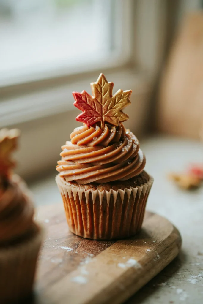 A warm brown cupcake with swirled cinnamon maple buttercream in deep amber and caramel tones, topped with a hand-painted fondant maple leaf in gradient shades of orange, red, and gold