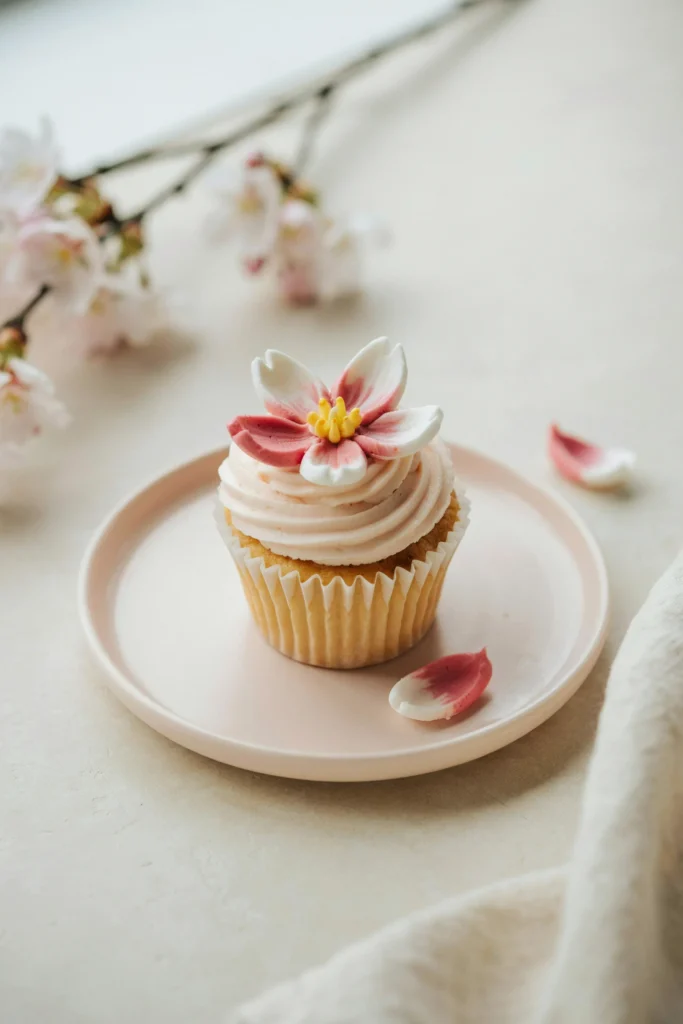 A white cupcake with smooth pale pink frosting and five delicate piped cherry blossom petals arranged in a ring on top, each petal shaded from deep pink at the base to white at the tip, with tiny yellow fondant stamens at the center
