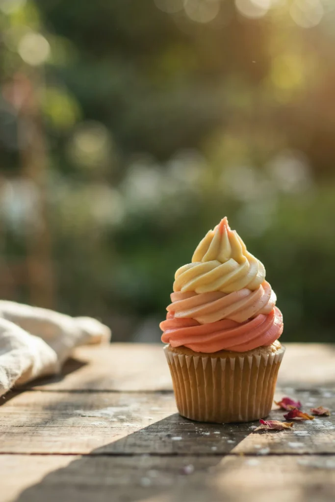 A cupcake with a tall swirl that ombre-blends from deep coral at the base through peach to a pale gold at the tip, the whole surface catching warmth in golden-hour light, displayed outdoors on a wooden table