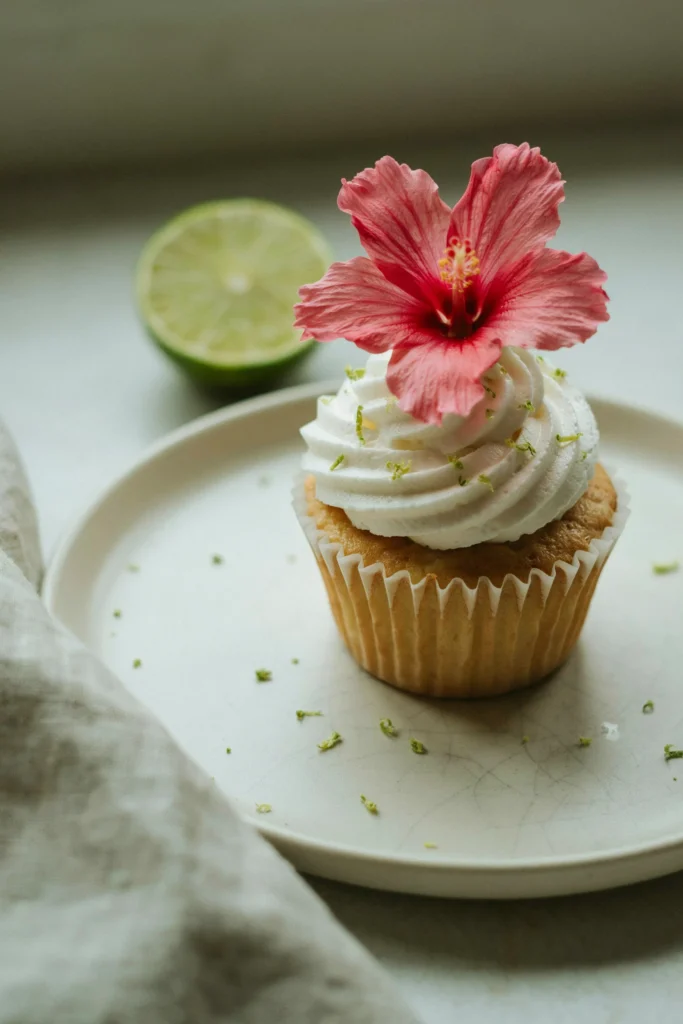 A cupcake with a swirl of white coconut lime cream cheese frosting, topped with a single vibrant pink hibiscus flower (fresh or sugar-crafted), with a fine dusting of lime zest visible on the frosting surface