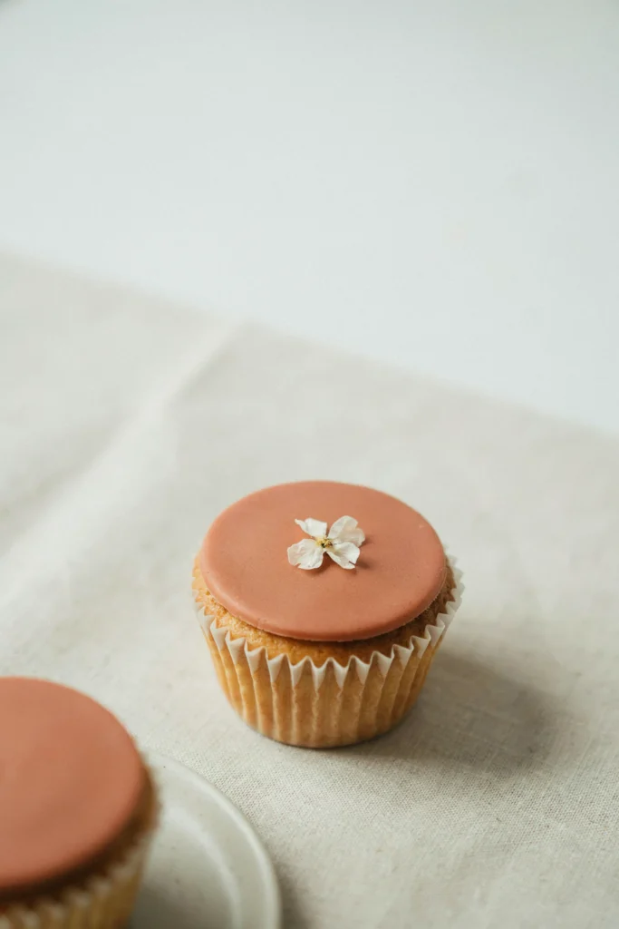 A cupcake with a perfectly flat matte terracotta fondant disc on top — smooth, no texture, no piping — with a single small white dried flower pressed into the center off to one side
