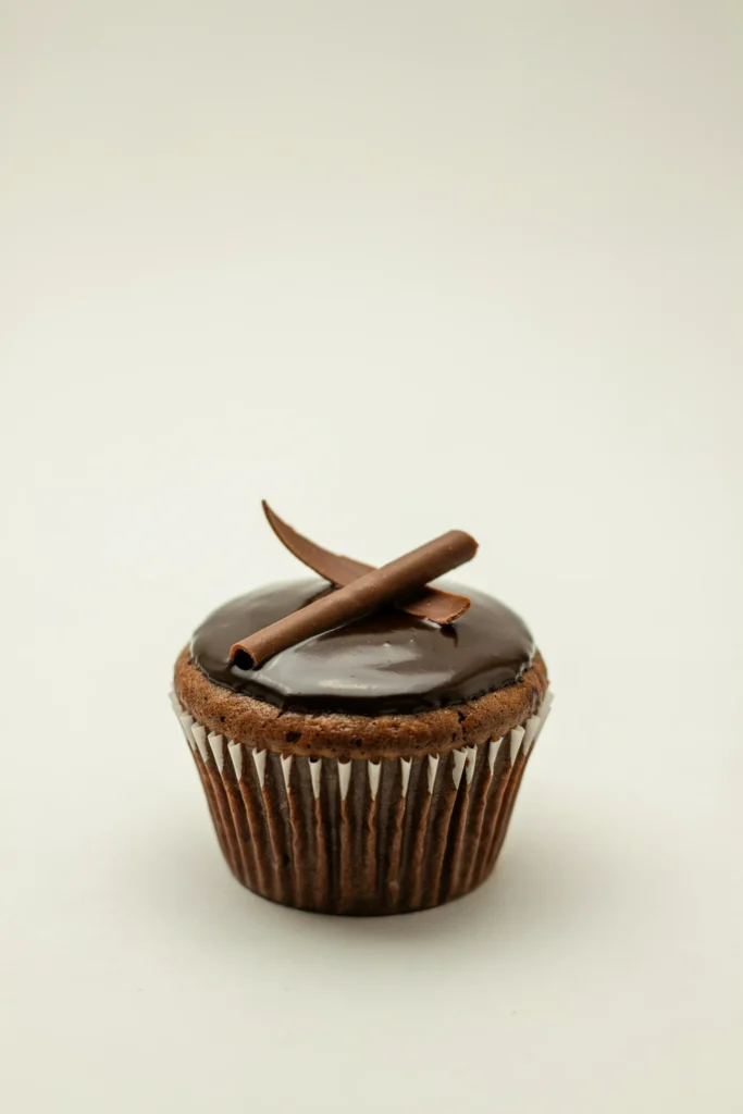 A chocolate cupcake topped with a smooth flat layer of dark ganache — nearly black, mirror-glossy — with a single long chocolate curl laid diagonally across the center, no other decoration