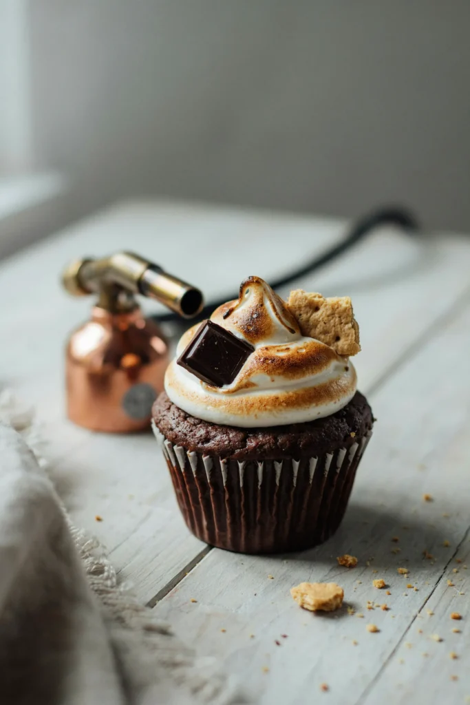 A chocolate cupcake topped with a high swirl of toasted Swiss meringue — the surface golden-brown from a culinary torch — with a small piece of graham cracker and a square of chocolate tucked into the frosting