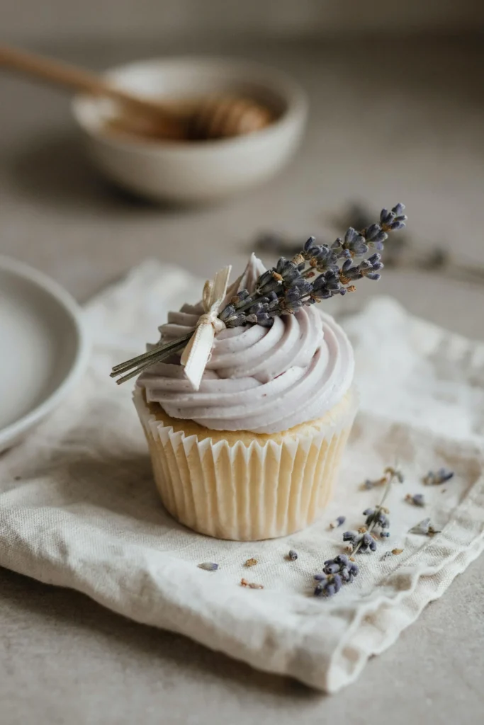A pale purple cupcake with swirled lavender honey buttercream, topped with a small bundle of dried lavender tied with a thin ivory ribbon and laid flat across the frosting dome