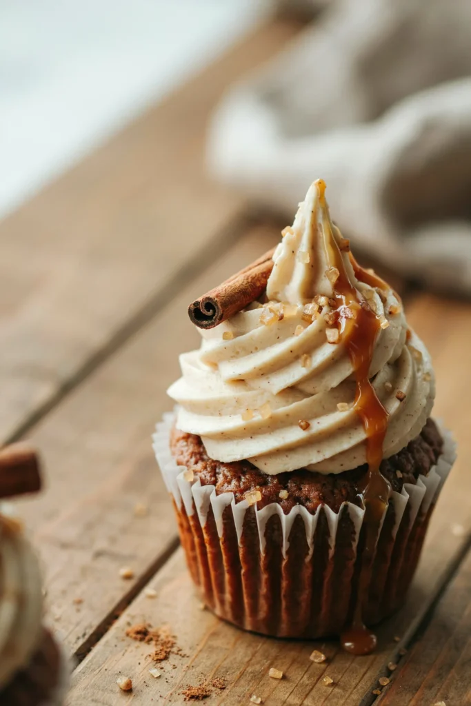 A brown sugar cinnamon cupcake with swirled cinnamon cream cheese frosting, topped with a mini cinnamon stick, a drizzle of salted caramel, and a sprinkle of turbinado sugar that catches the light
