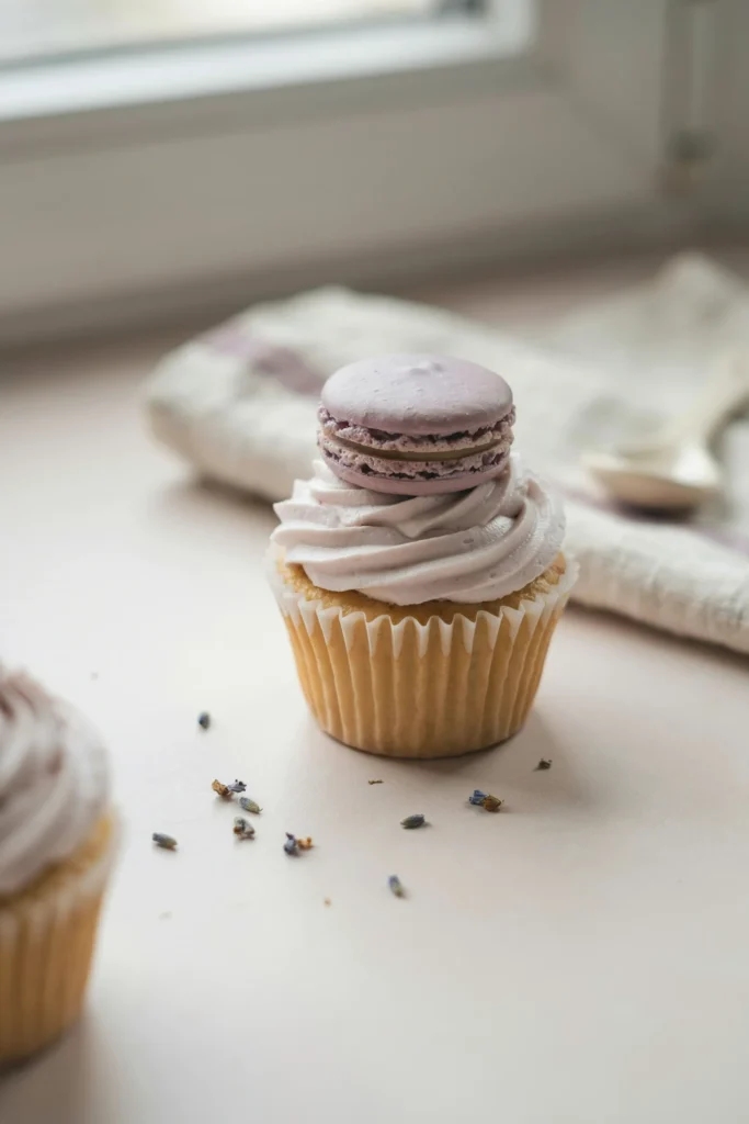 A cupcake topped with a generous cloud of pale lavender Swiss meringue buttercream, with a perfectly round French macaroon in matching lavender nested directly on top, the feet of the macaron pressing gently into the frosting