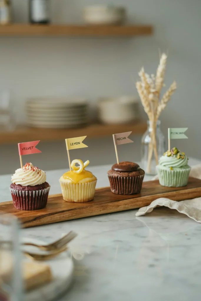 A wooden board set as a "flight" of four mini cupcakes in a row — each in a different flavor and color: deep red velvet, lemon yellow, mocha brown, and pale pistachio green — each labeled with a tiny flag pick, displayed like a wine or cocktail tasting experience