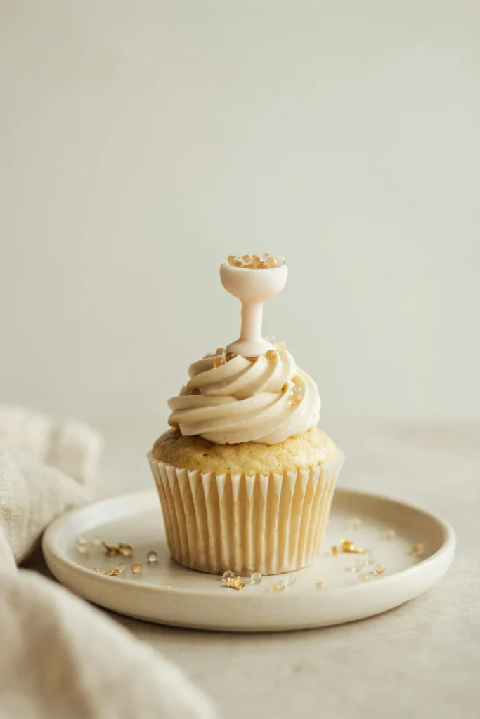 A pale gold cupcake topped with Prosecco-infused champagne buttercream in a loose, cloud-like swirl, with a small fondant champagne coupe glass balanced on top filled with tiny edible sugar bubbles