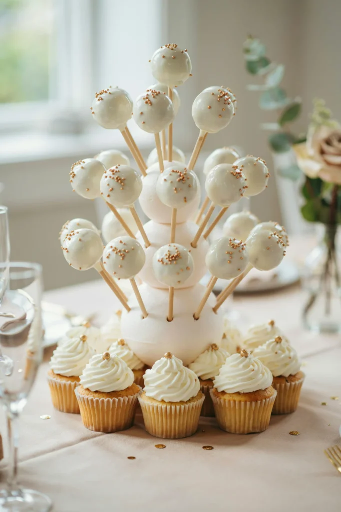 A tall tower of white cake pops on a foam sphere stand, each pop dipped in white chocolate and decorated with tiny gold luster dots, surrounded at the base by matching white cupcakes