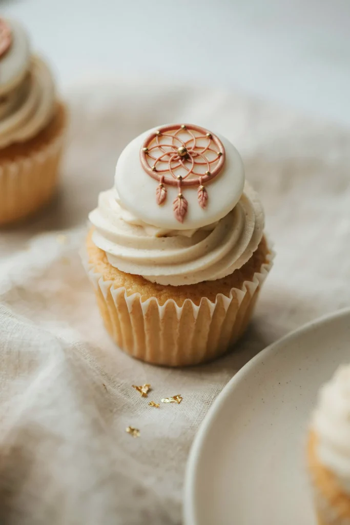 A cupcake with ivory buttercream and a thin fondant disc on top bearing a hand-detailed dreamcatcher design in dusty rose and gold — tiny feathers, looped threads, and a central bead visible in the detailing