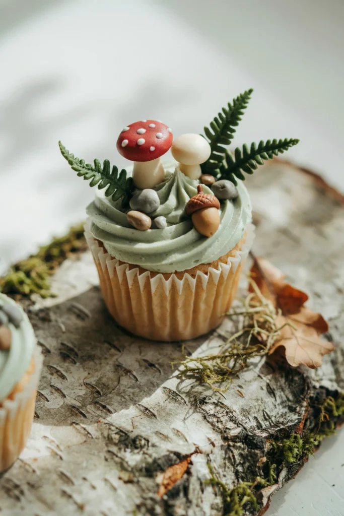 A soft green frosted cupcake topped with fondant miniature mushrooms and toadstools — one red with white spots, one pale cream with a rounded dome — nestled among tiny fondant ferns and pebbles, looking like a scene from a forest floor