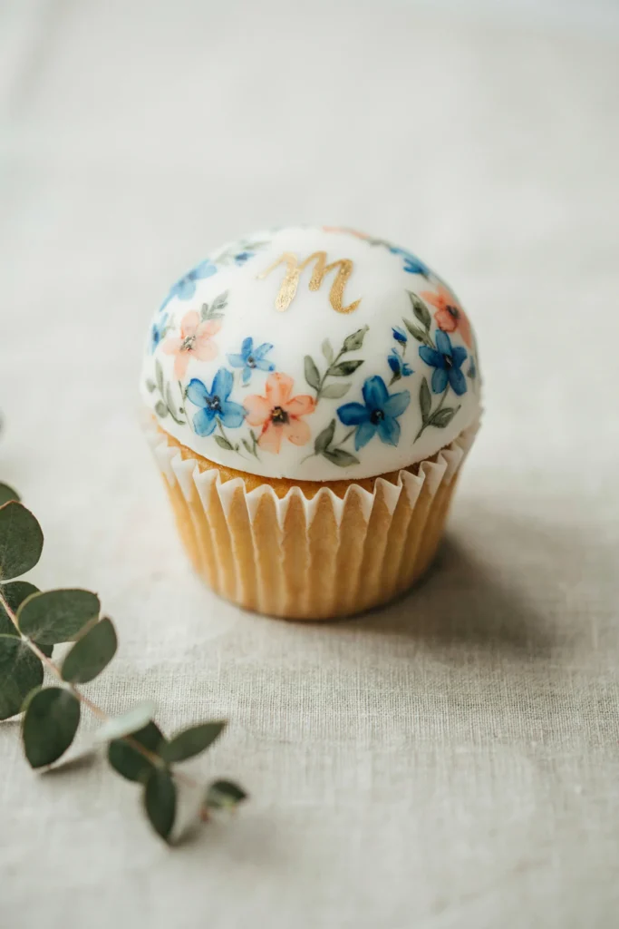 A cupcake with a smooth white fondant top hand-painted in loose watercolor florals — small blue and peach blooms with grey-green leaves — and a single gold calligraphy letter painted in the center
