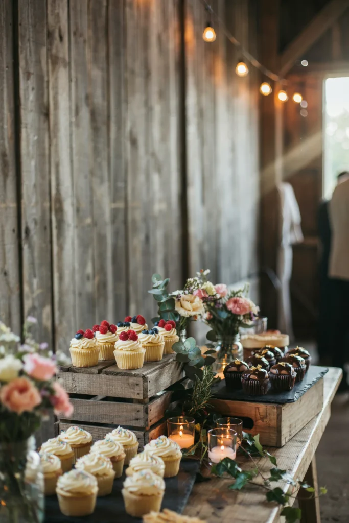 A collection of cupcakes displayed across a combination of stacked wooden crates and flat slate boards at different heights, surrounded by greenery sprigs and small votive candles, photographed at golden hour at a barn wedding