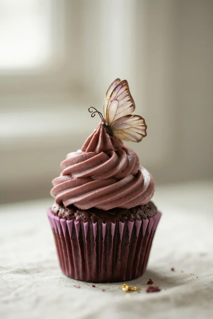 A deep violet cupcake with swirled plum frosting, topped with a delicate edible wafer paper butterfly — translucent wings in iridescent lavender and cream — positioned as though it just landed