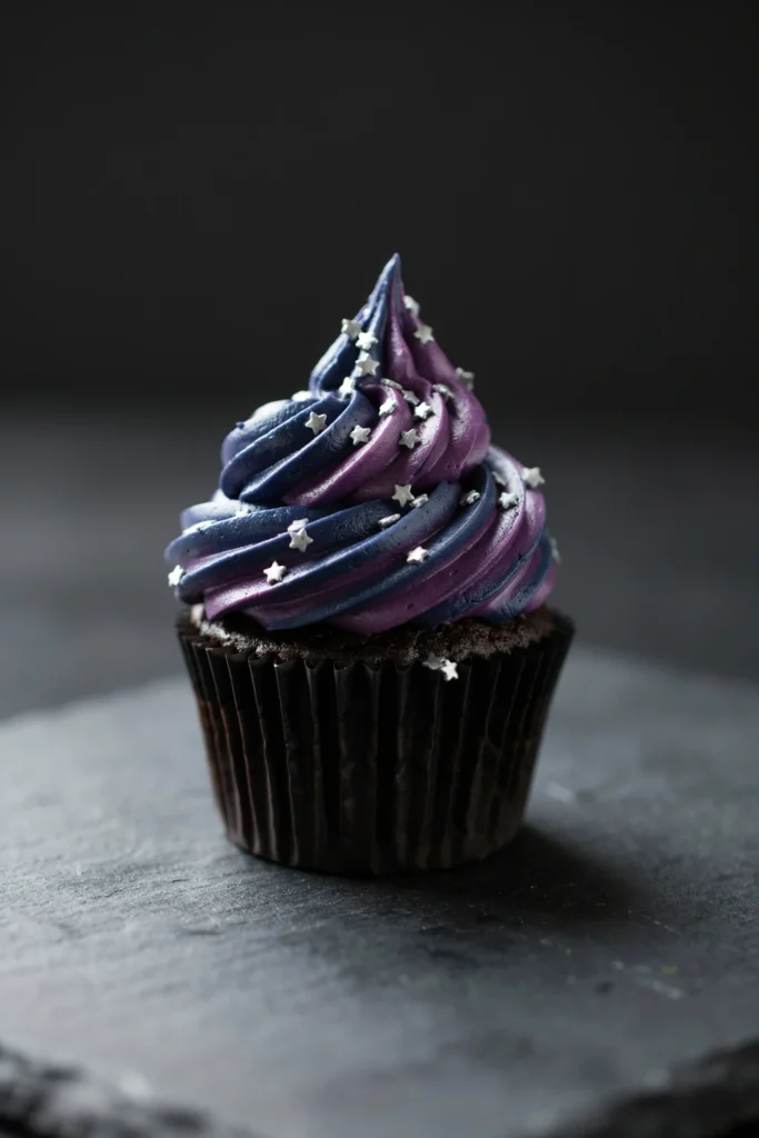 A cupcake with a swirl of deep midnight navy and purple buttercream blended together with edible silver star sprinkles scattered throughout the frosting — the whole swirl dense and dramatic, looking like a slice of night sky