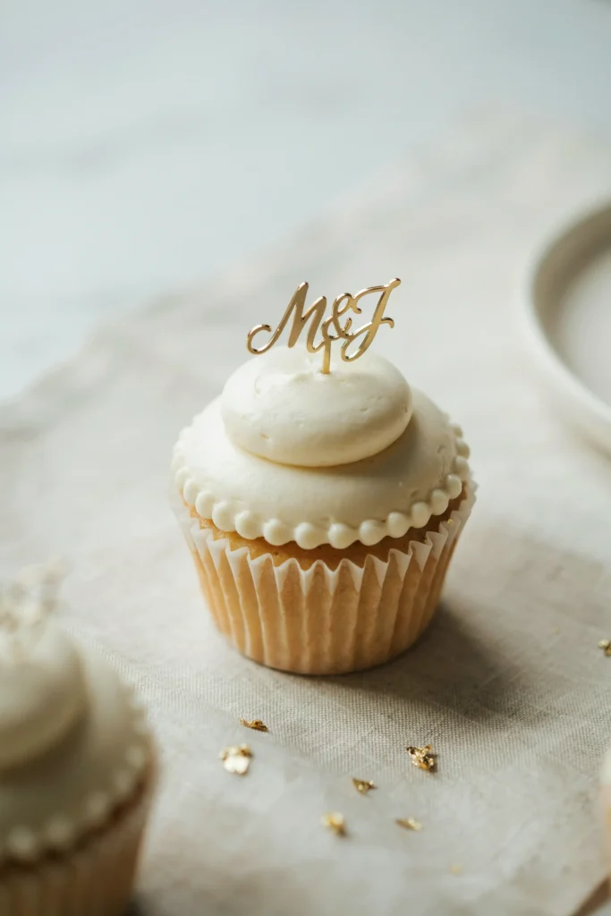 A white cupcake with a delicate rope of piped pearl-style buttercream around the base of the frosting dome, topped with a small gold metal monogram pick showing intertwined initials