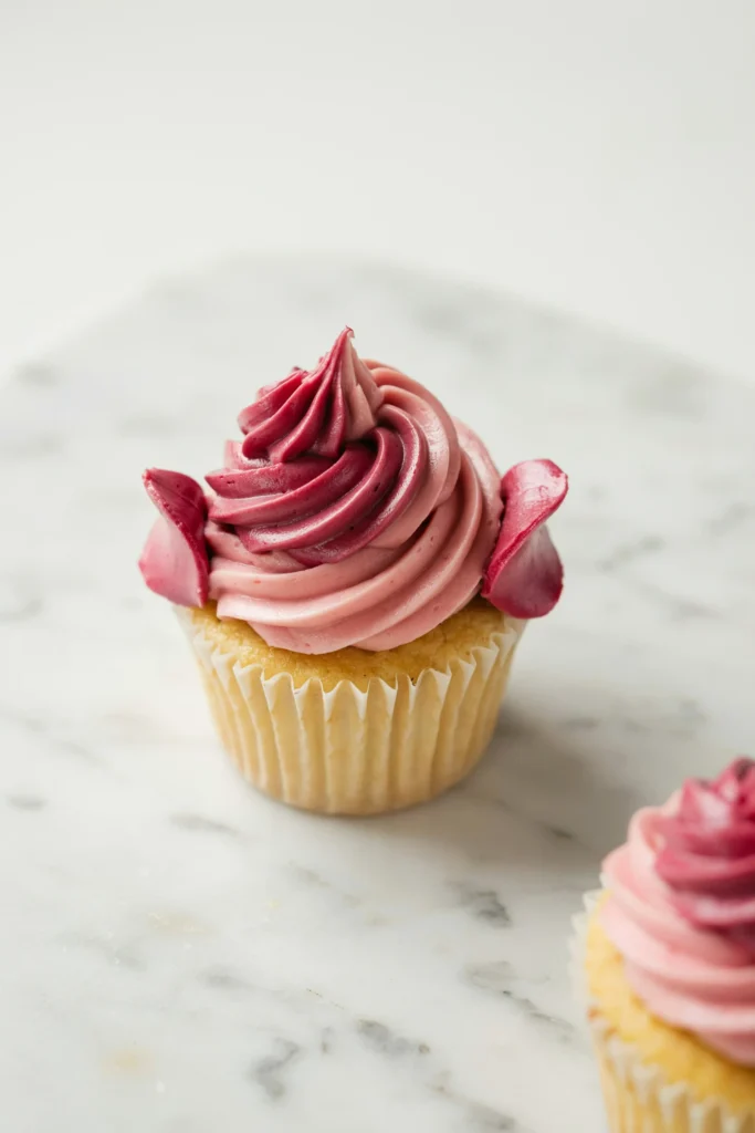 A cupcake with a tall swirl of deep magenta buttercream fading to hot pink at the outer edge, decorated with three sugar petals in matching shades pressed around the base of the swirl at angles, the whole display vibrant against a white marble surface