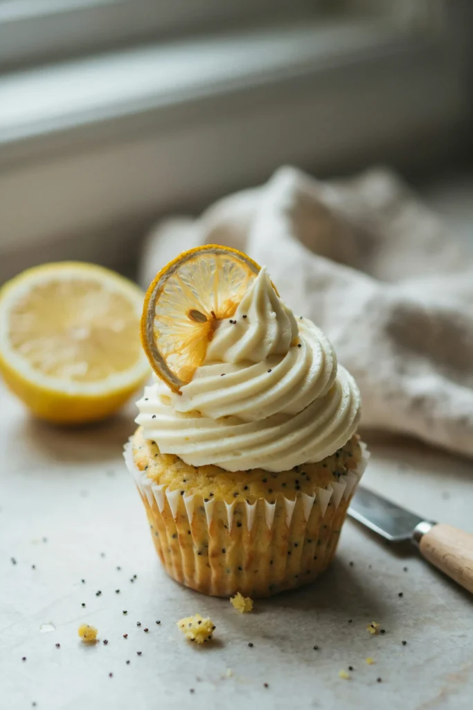 A bright yellow cupcake with swirled lemon cream cheese frosting, topped with a thinly sliced and dehydrated lemon wheel pressed into the frosting at an angle, poppy seeds visible throughout the cake crumb