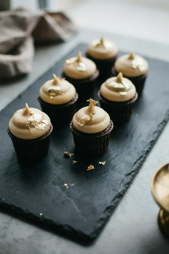 A row of champagne-colored cupcakes on a black slate board, each topped with a smooth dome of pale gold frosting and irregular patches of genuine gold leaf applied at different angles