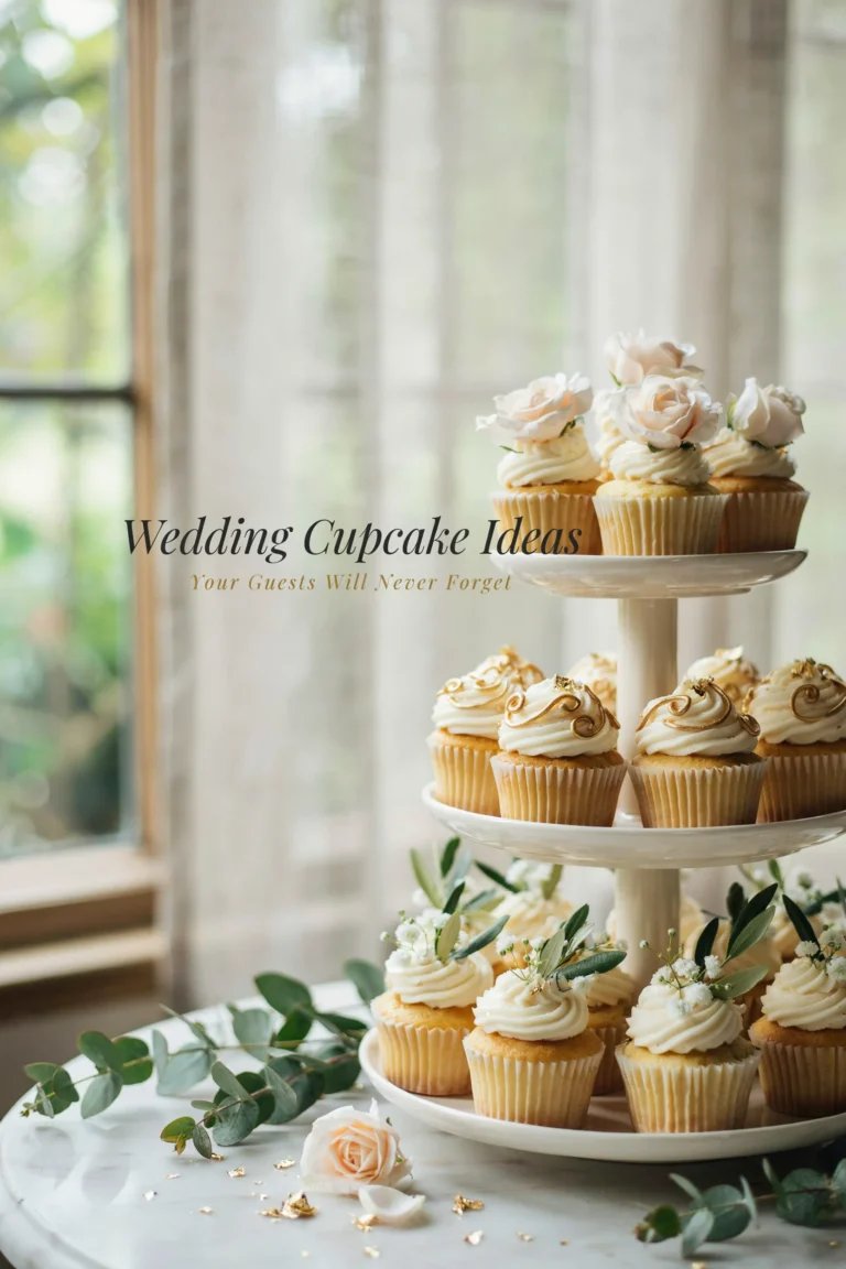 A dreamy spread of decorated wedding cupcakes on a tiered stand — mix of styles including white buttercream roses, gold-dusted tops, and greenery accents. Soft natural light. Mood: elegant, romantic, aspirational. Optional text overlay: "Wedding Cupcake Ideas Your Guests Will Never Forget"