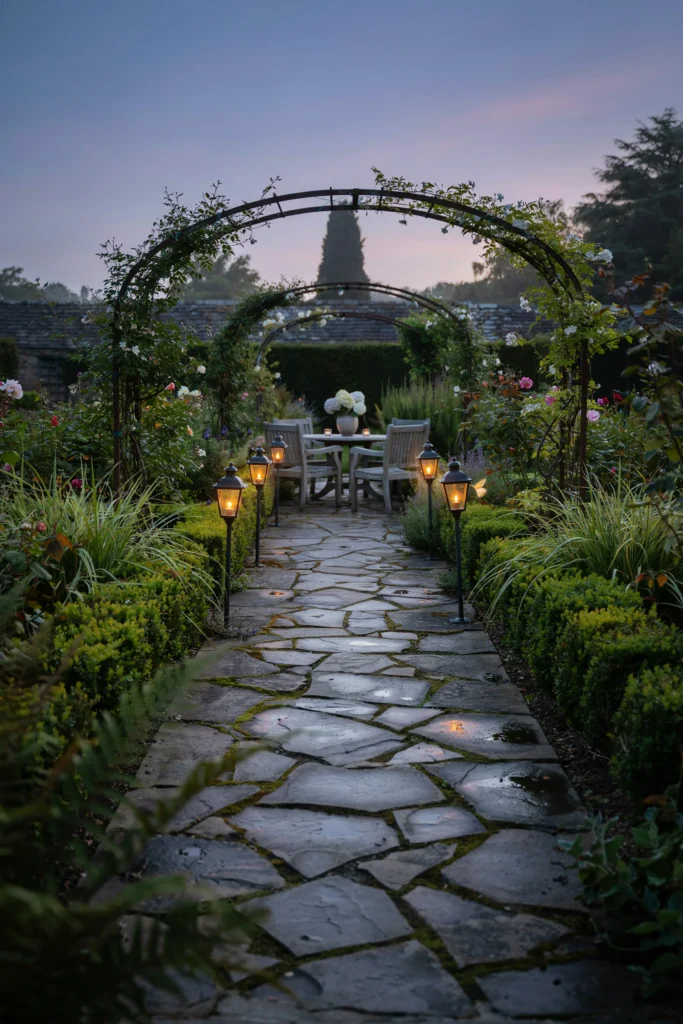 A garden pathway lined with hanging metal lanterns at dusk, each glowing softly along a stone or grass path leading toward an outdoor seating area.