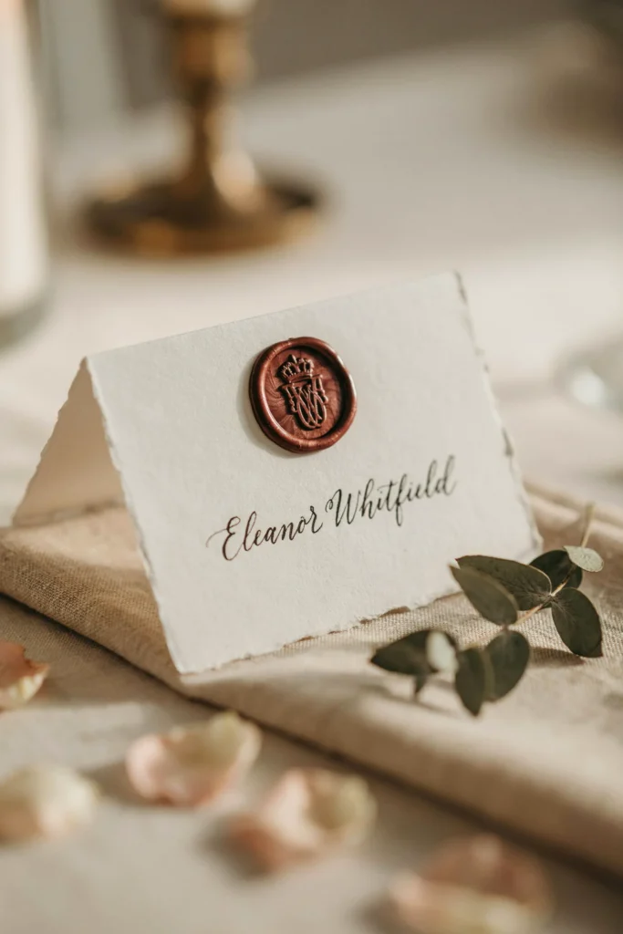 A close-up of an ivory place card stamped with a wax seal in deep burgundy, the guest's name written in calligraphy beneath the seal, resting against a folded linen napkin.