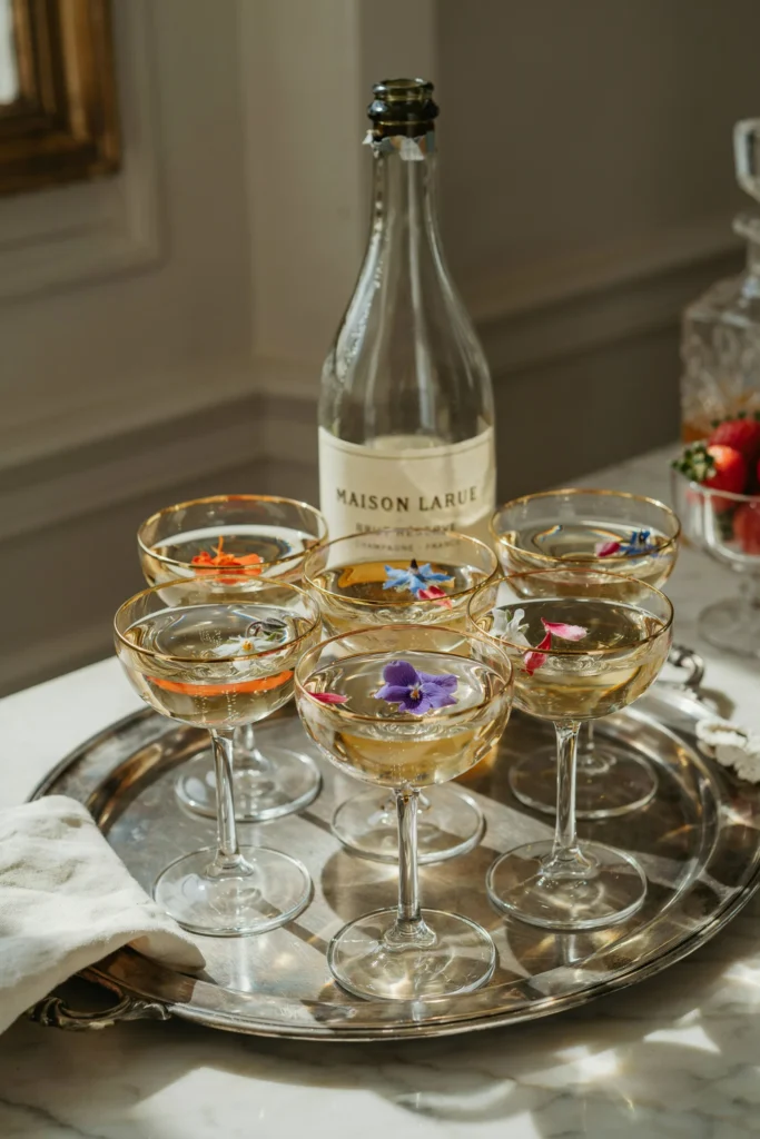 A cluster of vintage-style champagne coupes arranged on a tray with a chilled bottle, garnished with edible flowers floating on top of each glass, set against a softly lit backdrop.
