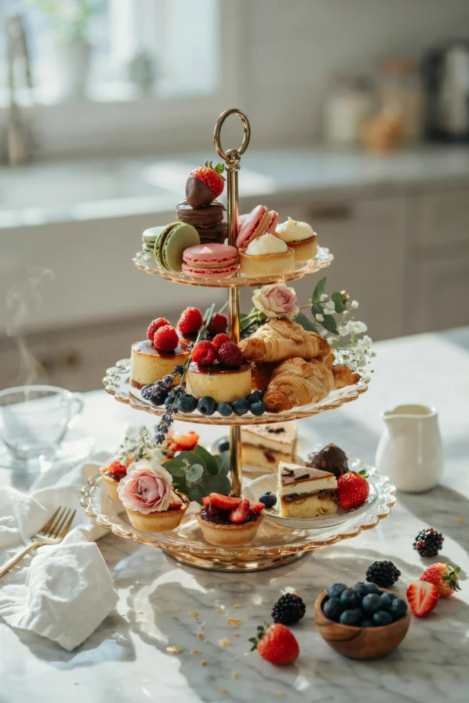 A gold tiered stand holding an abundant arrangement of mini desserts, fresh berries, and a few loose floral stems tucked between the tiers, set on a marble or white linen surface.