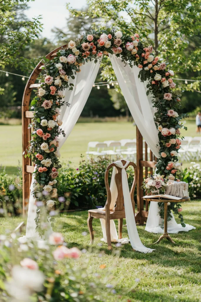 A large freestanding arch wrapped in greenery and oversized florals, positioned behind the bride's chair or gift table, with sheer drapes flowing from the top corners.