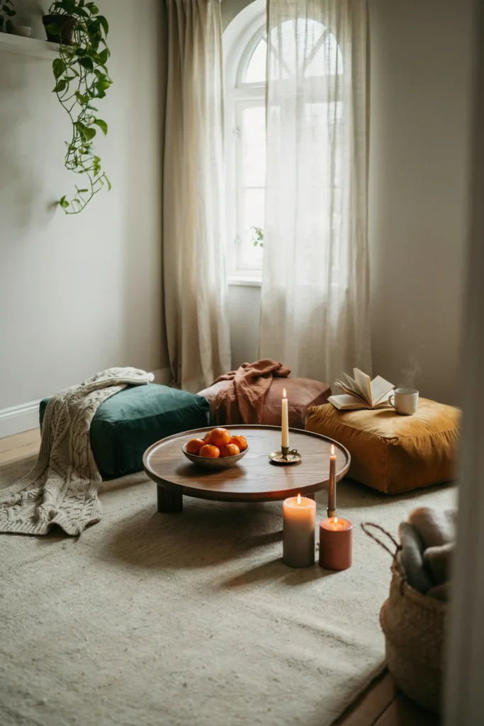A cozy seating nook with velvet floor cushions and a low coffee table, surrounded by a cluster of pillar candles in varying heights, soft throw blankets draped over the seating.