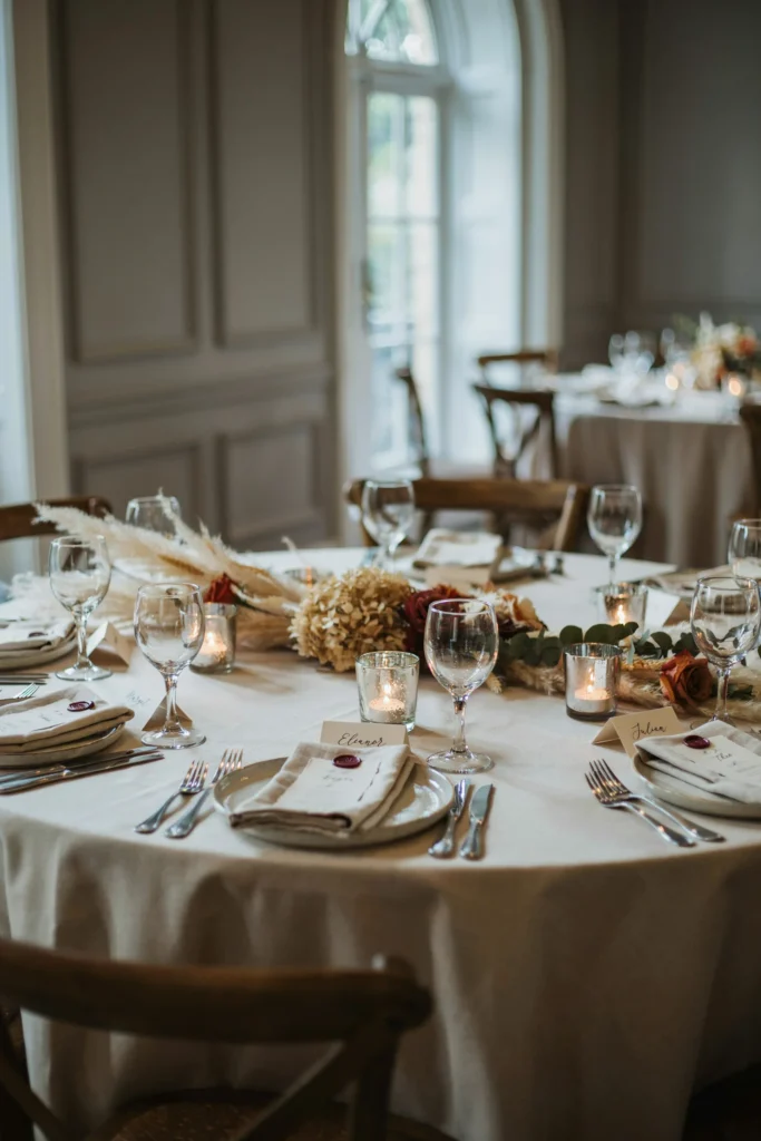 A small round table for eight guests, styled with a low dried floral runner, individual mercury glass votives at each place setting, and a single wax-sealed place card per guest.