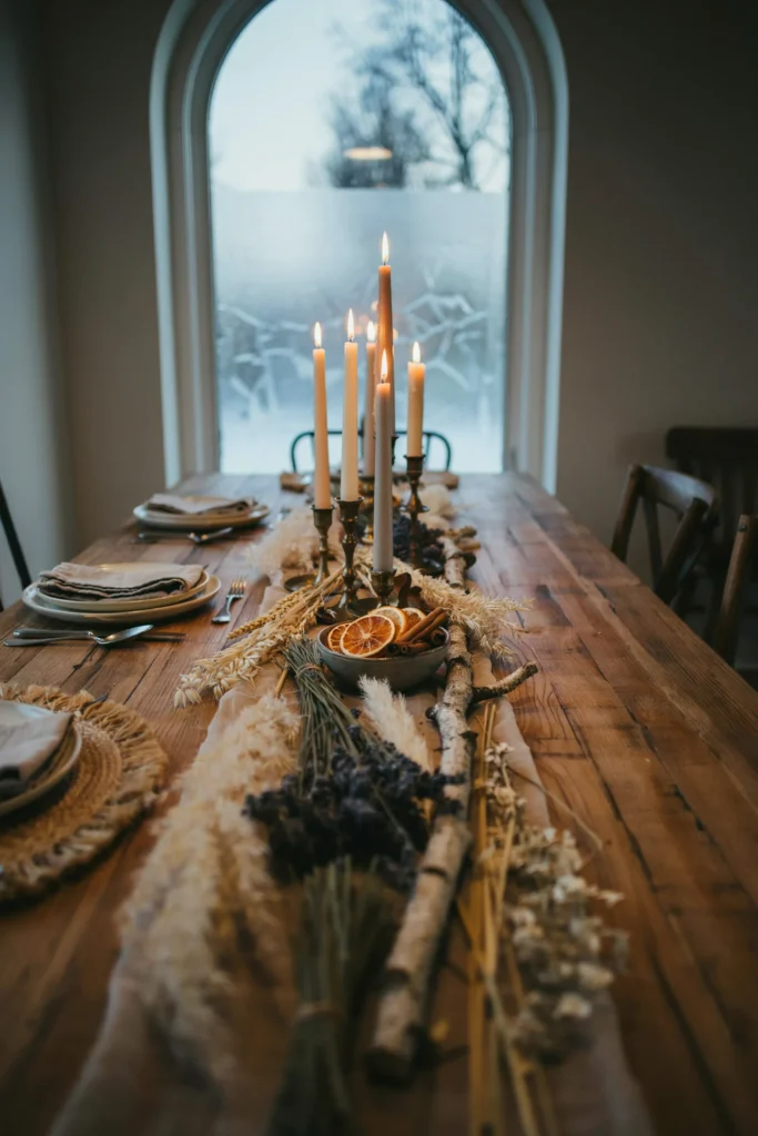An indoor table styled entirely in neutral dried botanicals, taper candles, and warm amber light, with frost or bare branches visible through a window in the background.