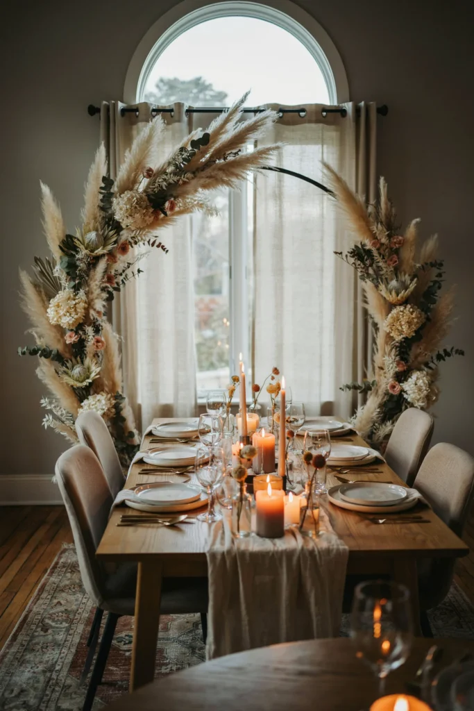 The same floral arch and candlelit table setup recreated indoors near a large window, with the same dried botanicals and lighting elements adapted to an interior space.