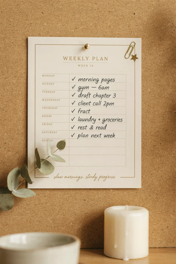 A printed planning checklist styled in cream and gold, pinned to a corkboard with weekly milestones marked, a candle and dried floral stem resting beside it.