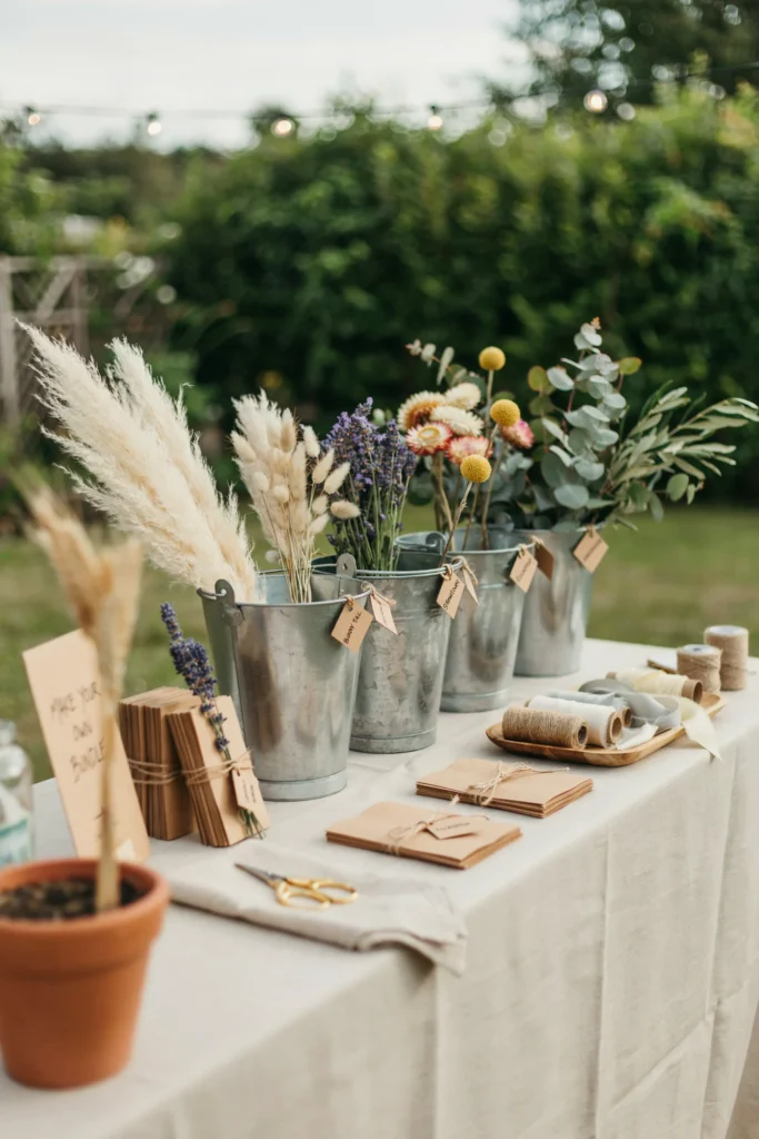 A styled DIY station with dried botanicals sorted into buckets by texture, ribbon, and small kraft paper wraps, where guests assemble their own take-home bundle.