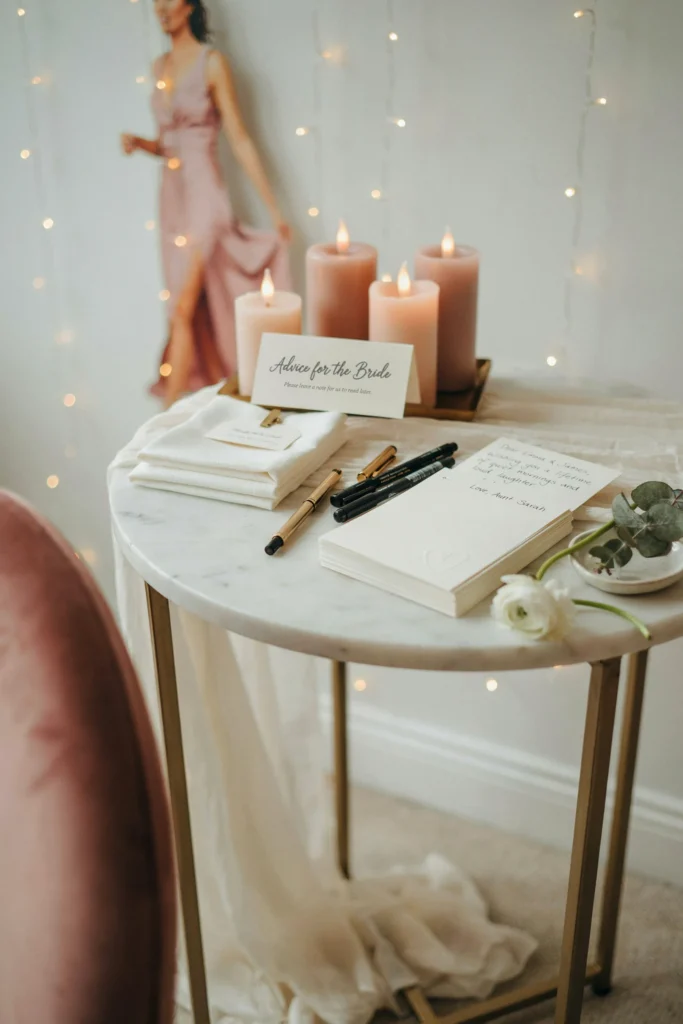 A small side table set up with blank cards, pens, and a cluster of flameless candles, where guests write advice or well-wishes for the bride to read later.