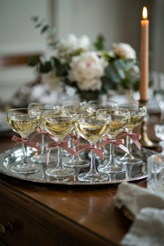 A row of champagne coupes etched or labeled with each guest's name, displayed on a tray as both the toast glass for the party and the favor guests take home at the end.