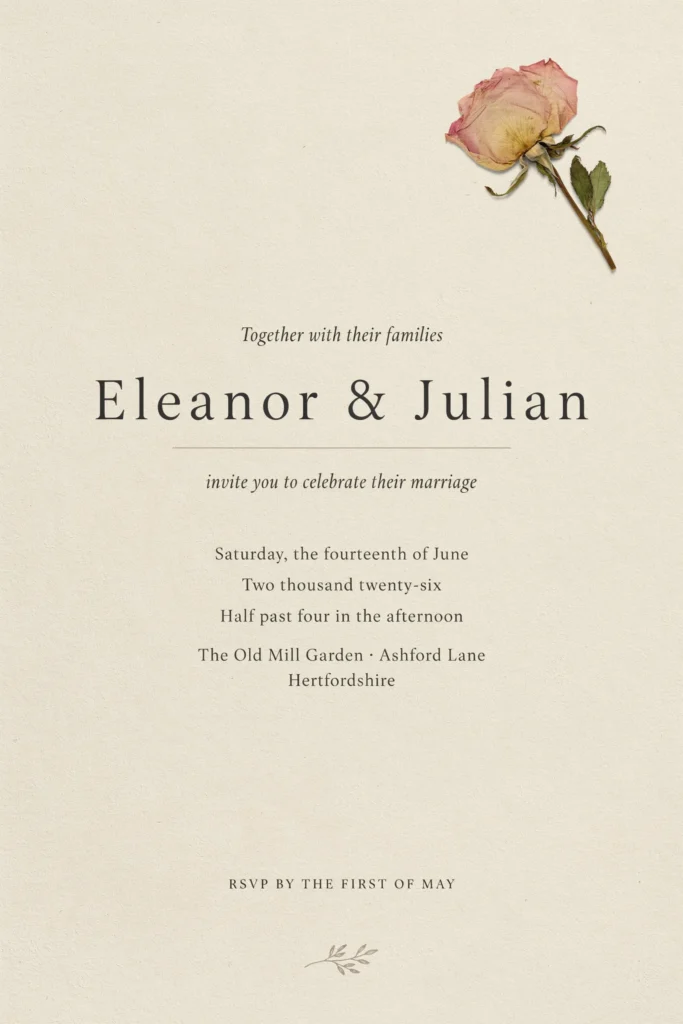 A minimalist invitation card featuring a single pressed dried flower embedded in the corner, printed in a delicate serif font on cream cardstock.