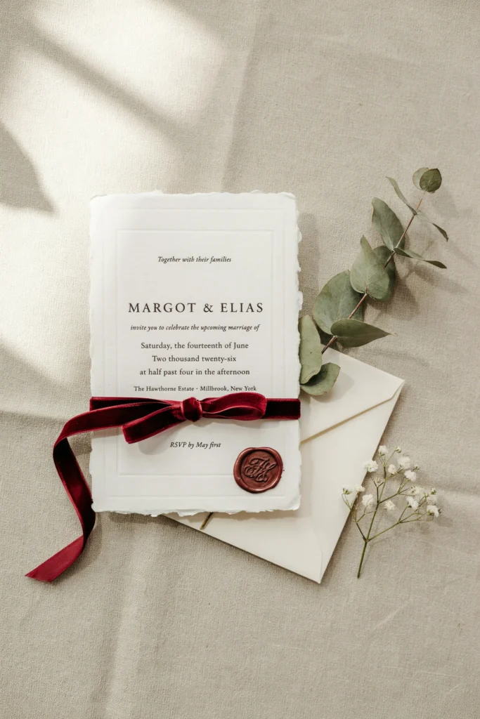 A flat lay of a bridal shower invitation suite on heavy ivory cardstock, sealed with a burgundy wax stamp, tied with a velvet ribbon, photographed alongside a single dried floral stem.